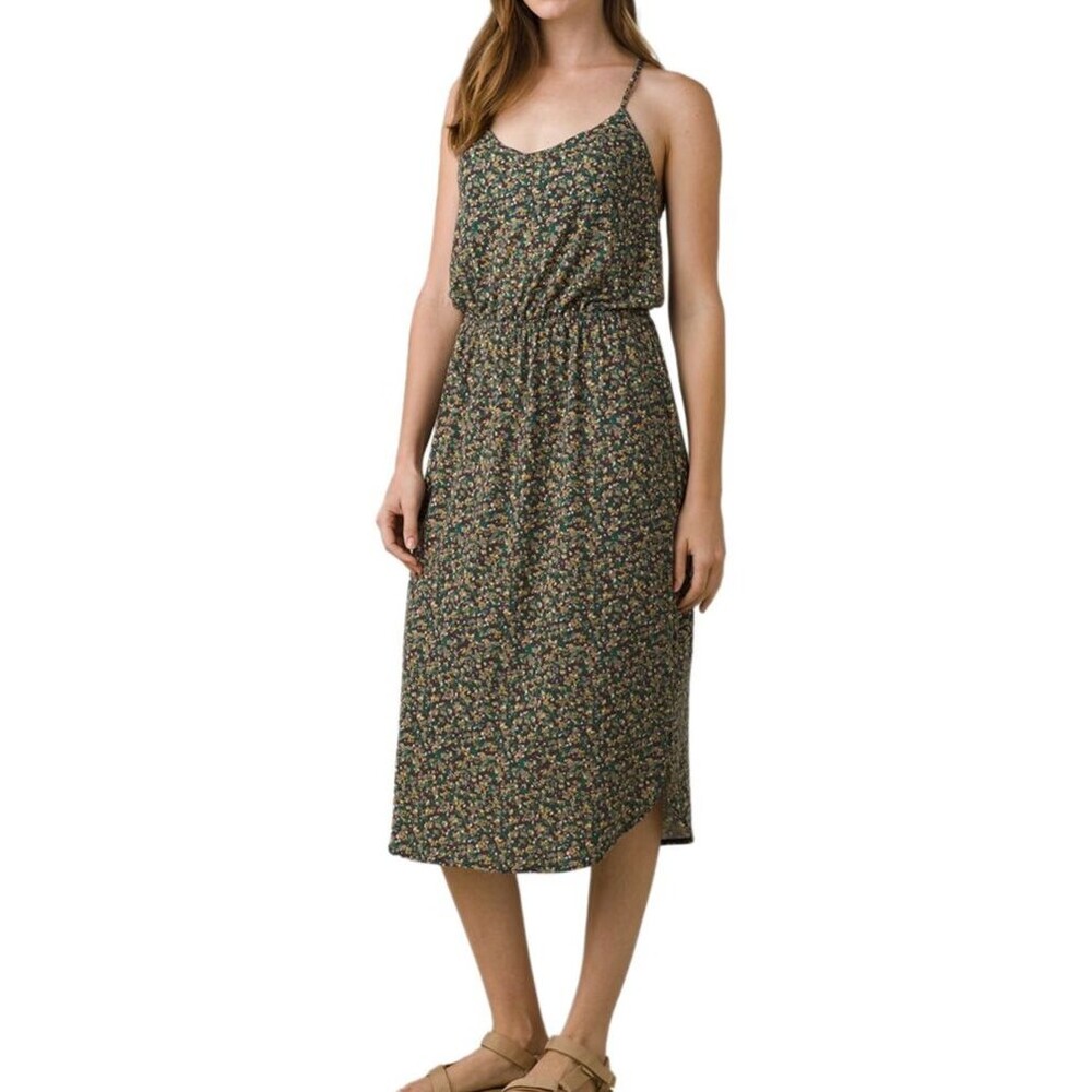 prAna Ayla Dress XS Floral Jersey Dress Green Pink Midi Built-in Shelf Bra